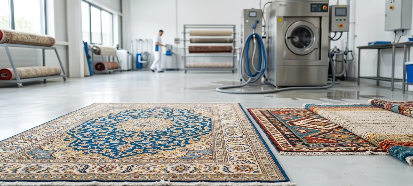 Damlacık Halı Yıkama'nın modern tesisinde desenli halılar ve profesyonel yıkama makinesi