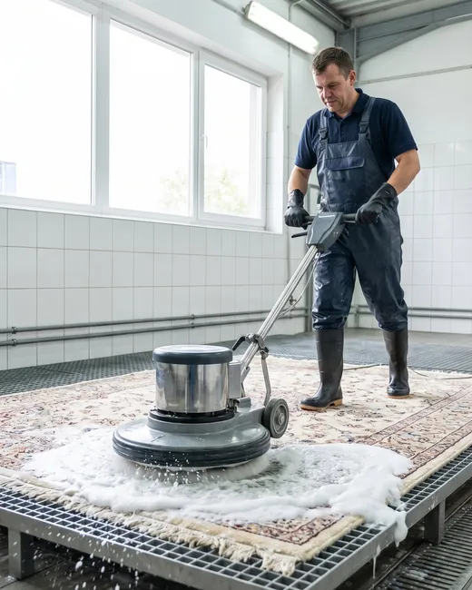 Damlacık uzmanı, yıkama odasında rotatif makineyle halıyı derinlemesine temizlerken